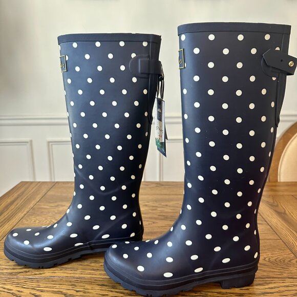 Joules Wellies Tall Rain Boots Womens Size 9 - Navy with White Polka Dots - NWT - Picture 2 of 11